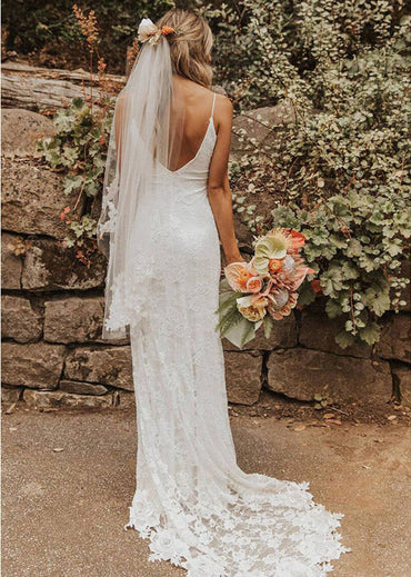 www.musebridals.com | High Quality V-neck Spaghetti Straps Side Slit Lace Beach Wedding Dresses, MW247