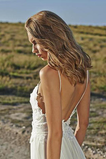 White Spaghetti Straps Open Back Lace Beach Wedding Dresses, MW212|musebridals.com