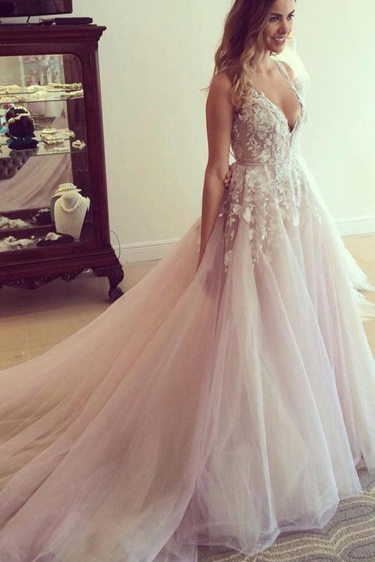 Pink A-line V-neck Sheer Back Long Wedding Dresses with Appliques, MW245