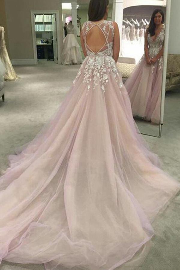 Roycebridal Pink A-line V-neck Sheer Back Long Wedding Dresses with Appliques, MW245