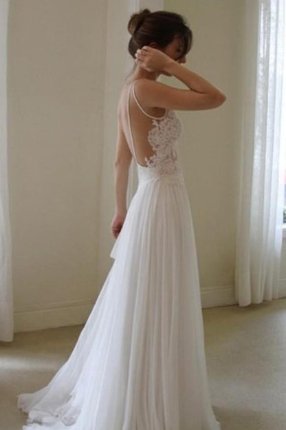 White Chiffon Spaghetti Straps Simple Lace Backless Cheap Wedding Dresses, MW234