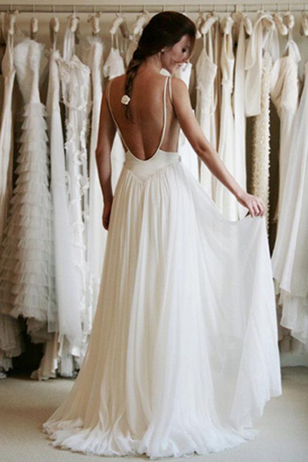 Roycebridal White Chiffon Spaghetti Straps Simple Lace Backless Cheap Wedding Dresses, MW234