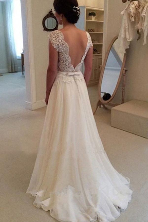 Cheap A-line Lace Top Backless Ball Gowns Long Beach Wedding Dress, MW104 from musebridals.com