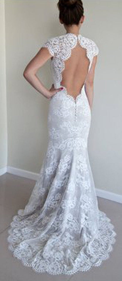 Roycebridal White Mermaid Lace Round Neck Open Back Half Sleeves Wedding Dresses, MW211