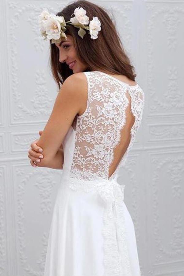 Roycebridal Cheap Simple Chiffon Lace Open Back White Wedding Dresses, Beach Wedding Dress, MW122