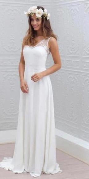 Roycebridal Cheap Simple Chiffon Lace Open Back White Wedding Dresses, Beach Wedding Dress, MW122