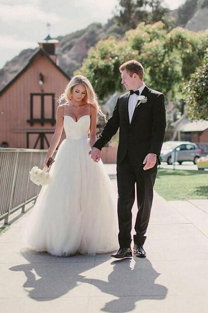 Gorgeous Tulle A-line Spaghetti Straps Wedding Dress With Lace Appliques, MW115 at musebridals.com