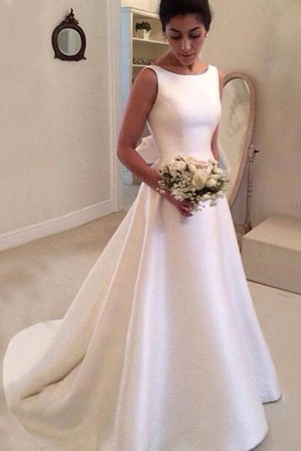 Satin Boat Neck Sleeveless Deep V Back Wedding Dresses With Sweep Train, MW112