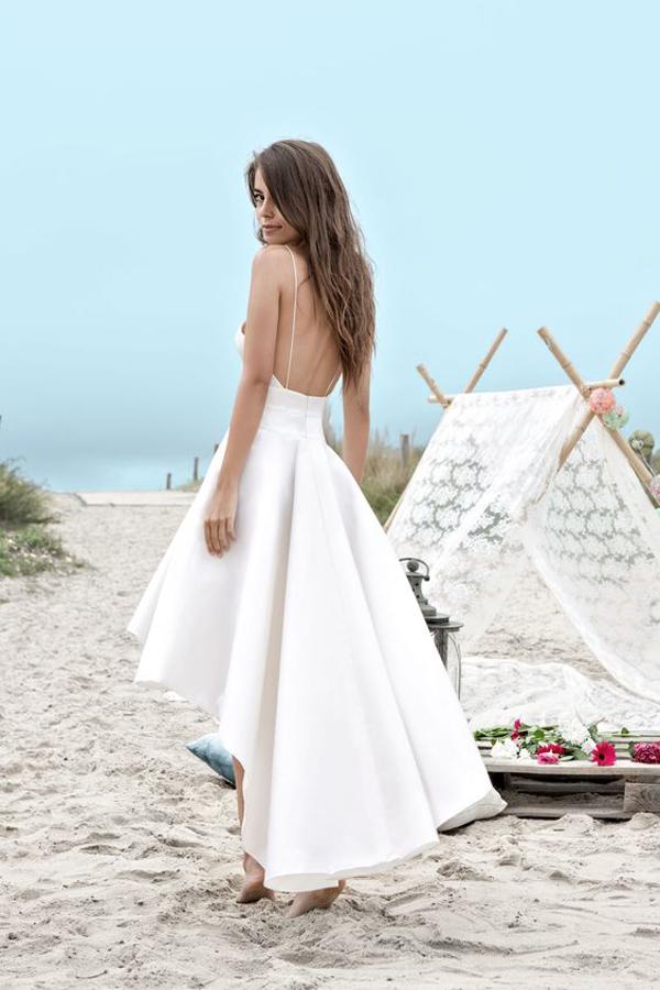 White High Low Sweetheart Spaghetti Straps Simple Beach Wedding Dresses, MW223|musebridals.com