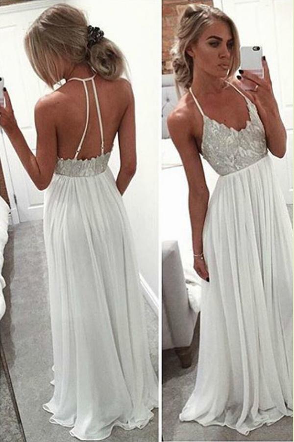 Roycebridal Roycebridal White Halter Floor Length Beach Wedding Dresses, Beaded Cheap Prom Dress, MP256