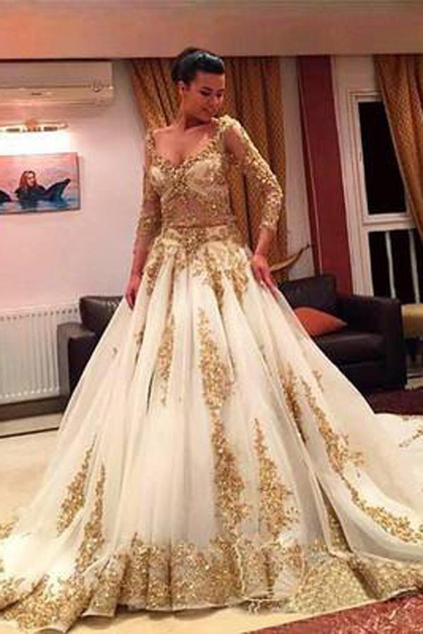 Gold Lace Beaded V-Neck Long Sleeves Ball Gown Wedding Dresses with Chapel Train, MW154