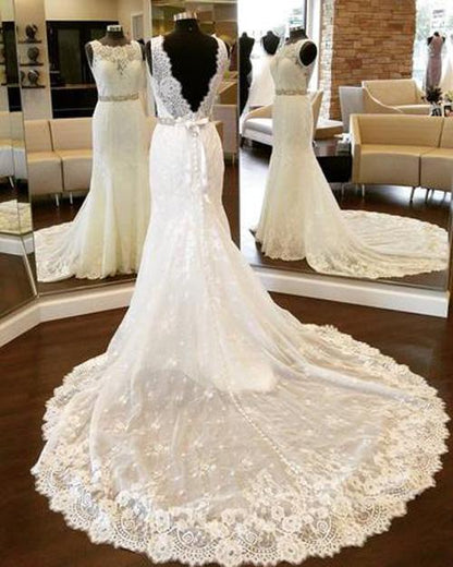 Roycebridal White Lace Open Back Mermaid Vintage Scoop Neckline Wedding Dresses, MW200