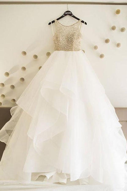 Cheap Tulle White A line Floor Length Wedding Dresses Bridal Gowns, MW258