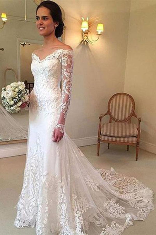 White Long Sleeves Off Shoulder Lace Sweep Train Wedding Dresses, MW236