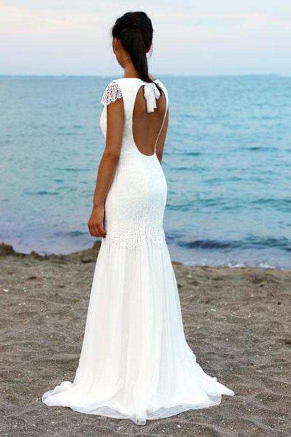 White Cap Sleeves Scoop Neck Open Back Lace Beach Wedding Dresses, MW199|musebridals.com