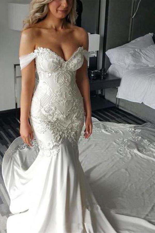 Sweetheart Off Shoulder Mermaid Long Wedding Dress with Sweep Train, MW119