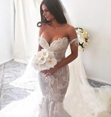 Attractive Off Shoulder Lace Mermaid Long Wedding Dress with Appliques, MW118 at musebridals.com