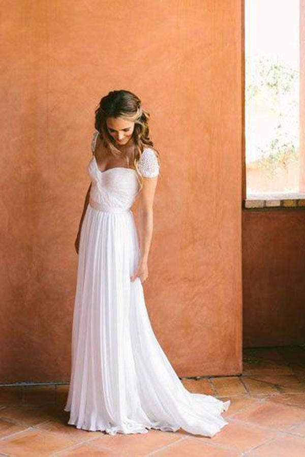 Roycebridal Cheap Chiffon Sweetheart Wedding Dresses with Beading And Short Train, MW123