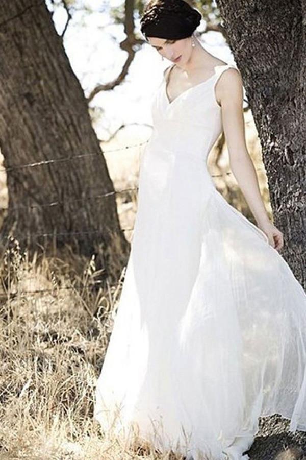 Simple Chiffon Ivory A-line V-neck Floor Length Beach Wedding Dresses, MW172