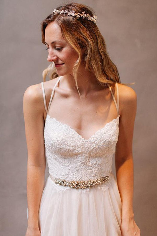 Simple Spaghetti Straps A-Line Tulle Open Back Wedding Dresses online, MW253