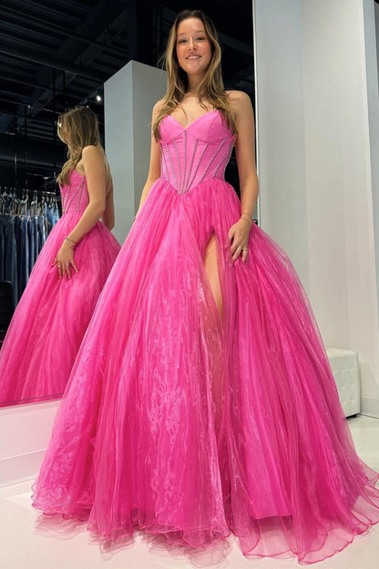 Strapless Beaded Ball Gown with Slit in Hot Pink