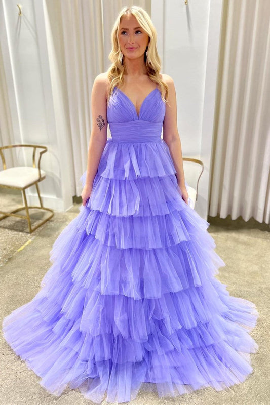 Lavender V-Neck Ruffle Tiered Long Prom Gown