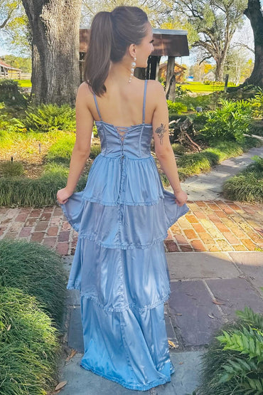 Roycebridal Periwinkle Corset Multi-Layer Ruffle Long Prom Dress