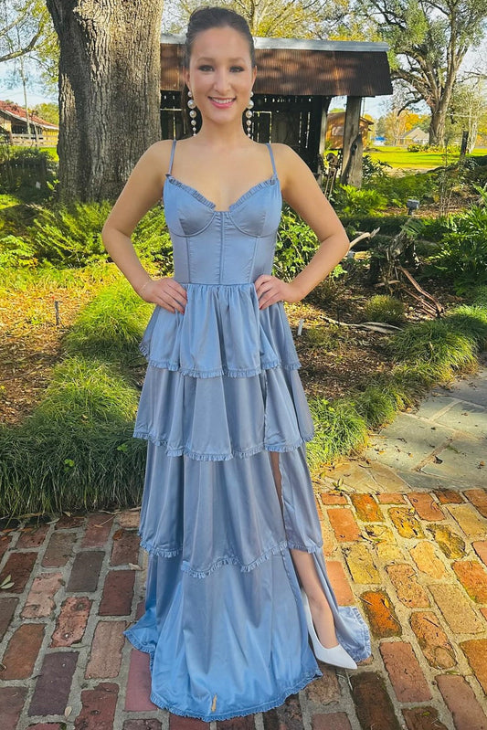 Roycebridal Periwinkle Corset Multi-Layer Ruffle Long Prom Dress