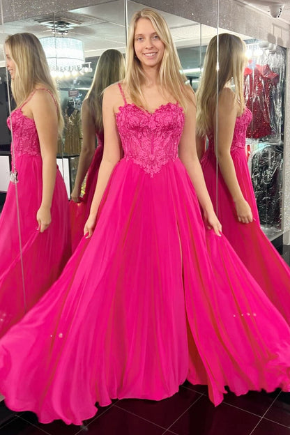 Roycebridal Magenta Appliques Sweetheart A-Line Long Prom Dress with Slit