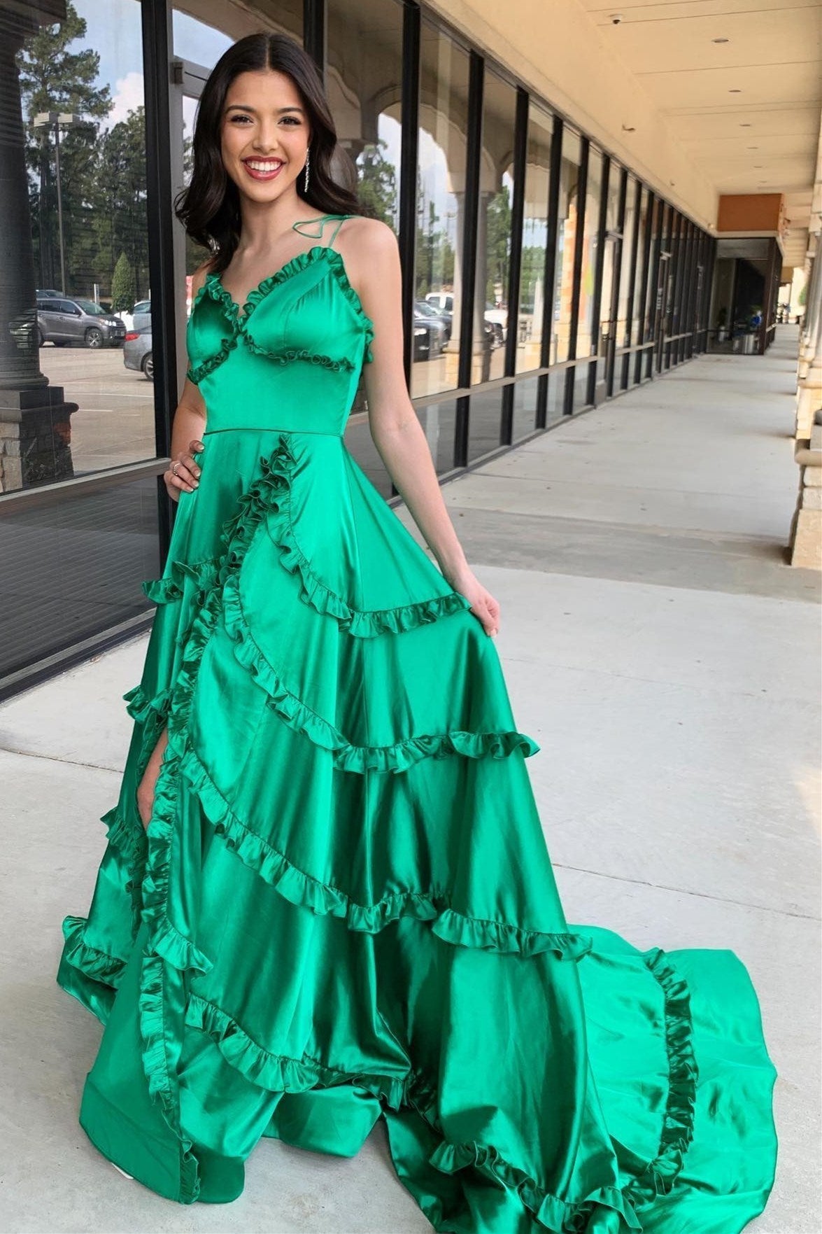 Green V-Neck Backless Ruffle A-Line Prom Gown with Slit