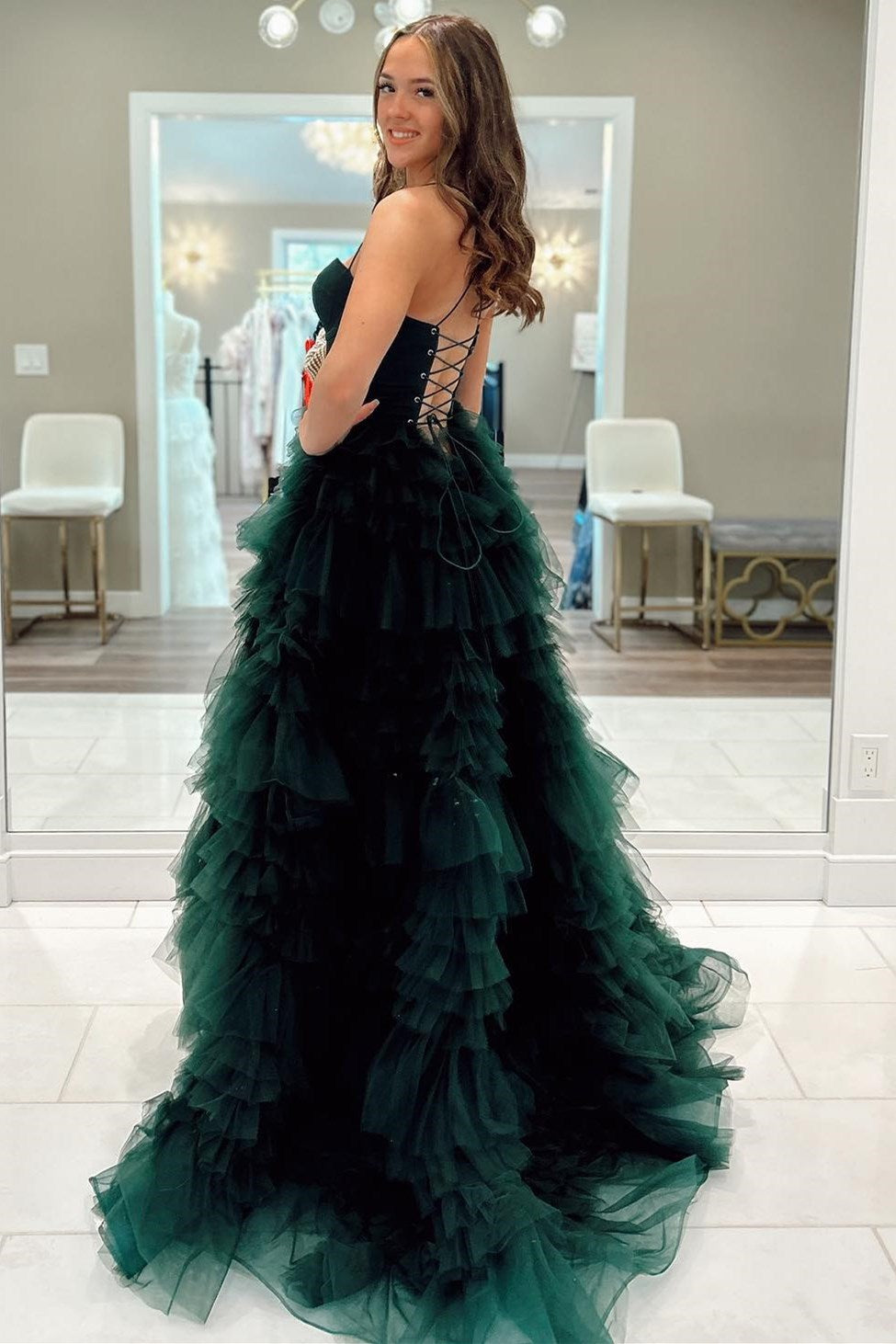 Emerald Sweetheart Lace-Up Ruffle Prom Gown with Slit