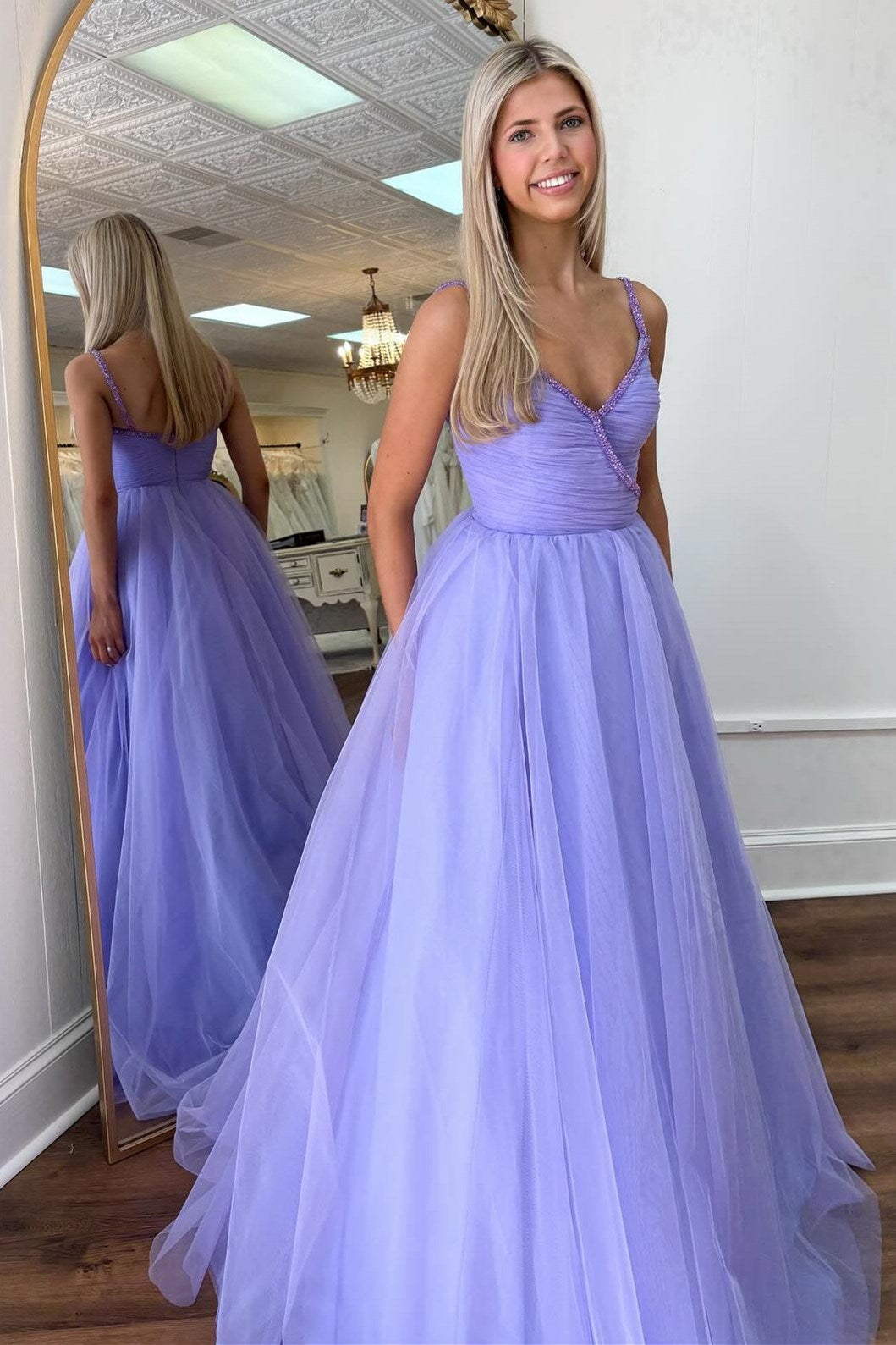 Roycebridal Lavender Beaded Surplice Tulle Prom Dress