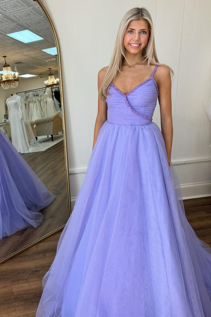 Roycebridal Lavender Beaded Surplice Tulle Prom Dress