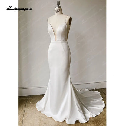 Roycebridal Simple Satin Wedding Dress Spaghetti Straps Long Train Backless Buttons Draped Trailing V Neck Bridal Gowns