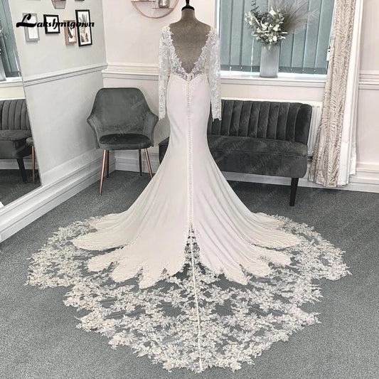 Roycebridal Lace Appliques V Neck Soft Satin Long Sleeves Mermaid/Trumpet Boho Wedding Dress Illusion robe mariée sirene