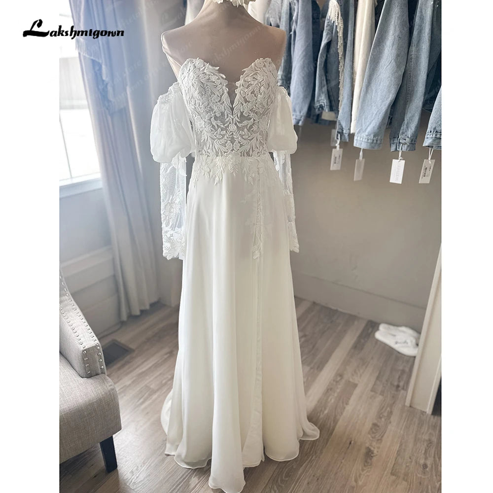 Roycebridal Vintage Illusion Back Lace Floral Chiffon Wedding Dress with Long Sleeve Bridal Wedding Gown abito da sposa