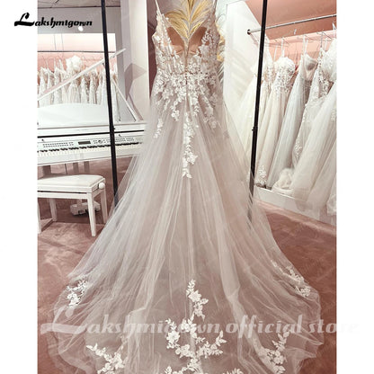 Roycebridal Long Boho A-Line Backless Wedding Dress Flowers Spaghetti Straps Bride Dresses Princess Floor Length Wedding Gown