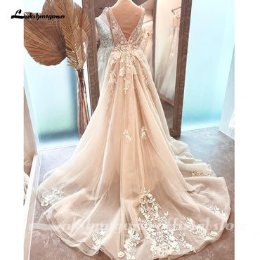 Roycebridal Boho V Neck Lace Beach Bridal Women Wedding Dress Backless 2025 gelinlik Wedding Gowns  custom made