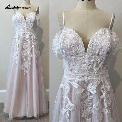 Roycebridal Blush Pink Wedding Dress Lace Appliqued Tulle A Line Backless 2025 Tank V Neck Bridal Gowns vestido de novia