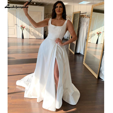 Roycebridal Ivory Satin Scoop Neck Sleeveless Floor-Length A-line Wedding Dress 2025 Split Garden Bridal GownRobe De Mariage