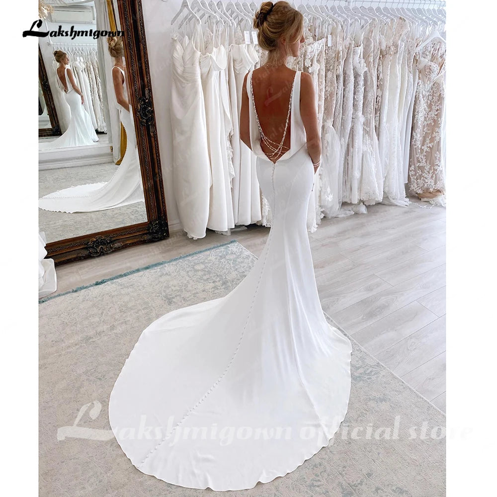 Roycebridal Deep V Neck Mermaid Wedding Dresses Elastic Satin Pearls Backless Bridal Gowns Beach Bride Dress robe de mariée