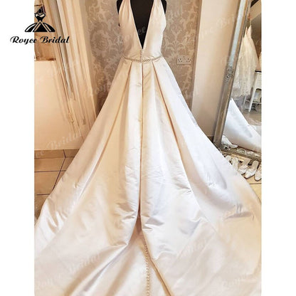 Roycebridal Satin Backless Off the Shoulder Halter Neck A Line Wedding Dress 2025 Simple Bridal Gown robe soirée mariage Custom Made Sweep