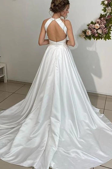 Satin A-line Halter Backless Wedding Dress, Bridal Gown With Beaded Belt, MW713 | simple wedding dresses | beaded wedding dresses | bridal outfit | www.musebridals.com