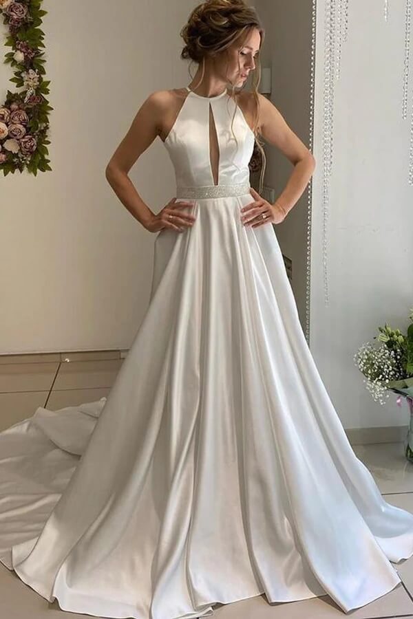 Satin A-line Halter Backless Wedding Dress, Bridal Gown With Beaded Belt, MW713 | satin wedding dresses | a line wedding dress | cheap wedding dresses online | www.musebridals.com