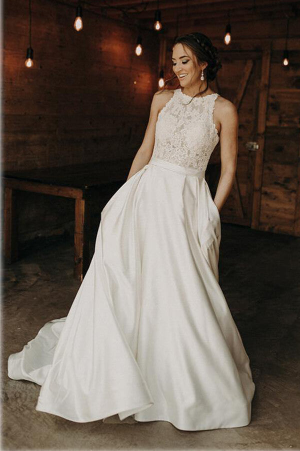 Satin A-line Lace Illusion Halter Neck Wedding Dresses With Sweep Train, MW611 | cheap lace wedding dress | bridal outfit | wedding gowns | www.musebridals.com