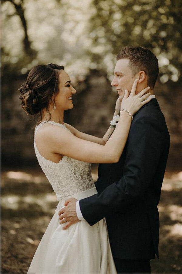 Satin A-line Lace Illusion Halter Neck Wedding Dresses With Sweep Train, MW611 | beach wedding dresses | satin wedding dresses | a line wedding dresses | www.musebridals.com