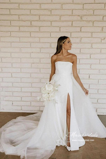 Satin Ball Gown Beaded Strapless Simple Wedding Dress With Side Slit, MW928 | backless wedding dress | summer wedding dress | wedding dresses near me | musebridals.com