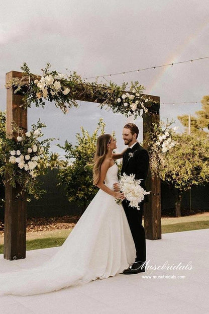 Satin Ball Gown Beaded Strapless Simple Wedding Dress With Side Slit, MW928 | wedding dress with beading | bridal gown | wedding dress stores | musebridals.com