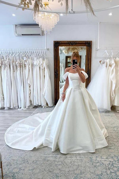 Satin Ball Gown Off-the-Shoulder Wedding Dresses With Court Train, MW906 | simple wedding dresses | ball gown wedding dress | cheap wedding dress | musebridals.com