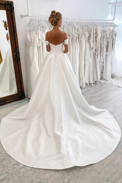 Satin Ball Gown Off-the-Shoulder Wedding Dresses With Court Train, MW906 | vintage wedding dress | wedding dress stores | bridal outfit | musebridals.com